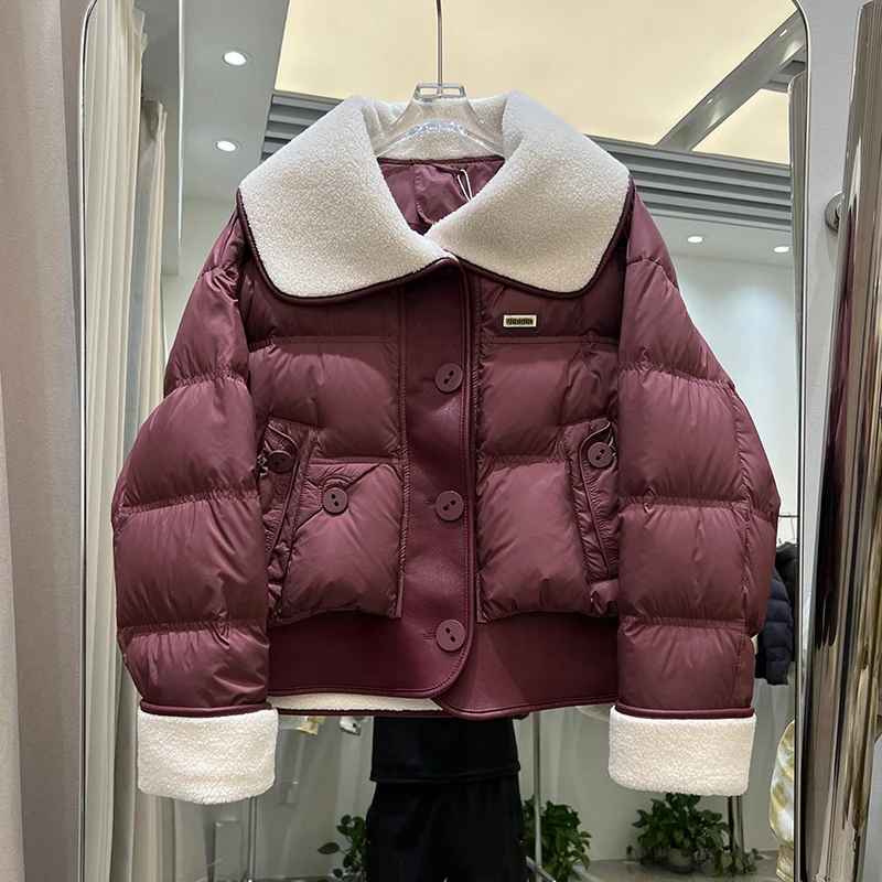 Winter Kurze Große Revers Lamm Wolle Unten Jacke Frauen Weiße Ente Unten Lose Parker Outwears Weibliche Einreiher Stepp Jacken