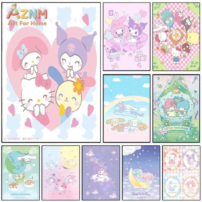 Cinnamoroll Kuromi My Melody Canvas Poster Cute Sanrio Cartoon Print Unframed Canvas Art Moon Cloud Ice Cream Sweet Kawaii Aesth