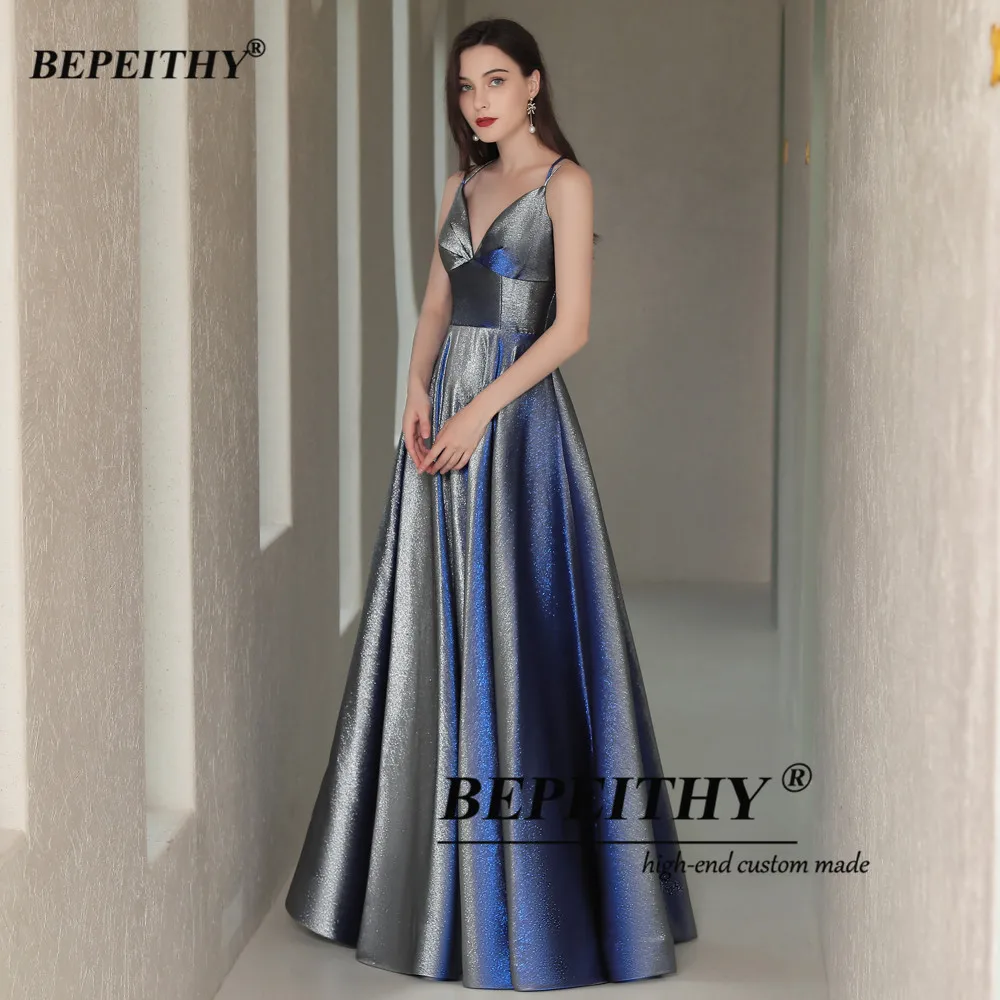 BEPEITHY Customized Glitter Prom Dress 2023 A Line Sexy Backless Sparkle Evening Dresses Floor Length Party Cocktail Dresses