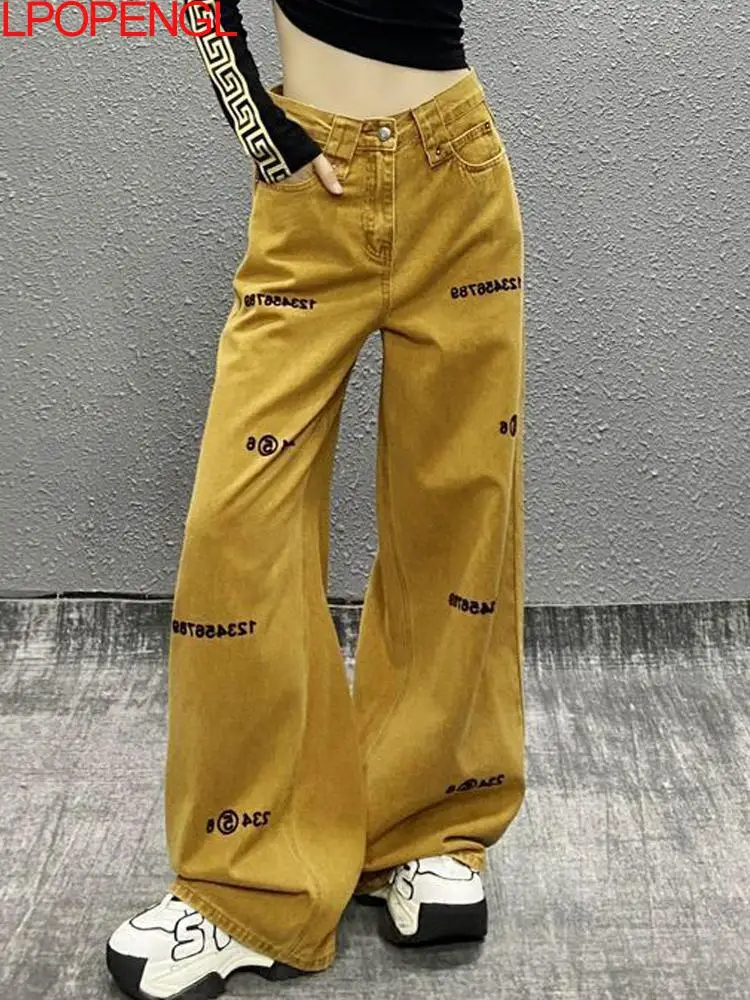 

Personalized Design High-waisted Streetwear Button Jeans Women's Spring And Autumn New Loose Versatile Straight Wide-leg Pants