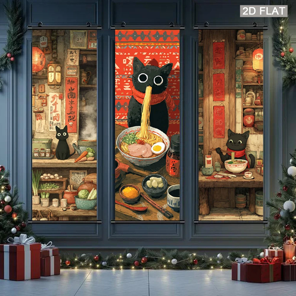 VIKAMA Japanese Ramen Black Cat Scroll Tapestry, Cute Cat Ramen Retro Street Wall Hanging, Anime Fabric Poster for Kitchen Decor