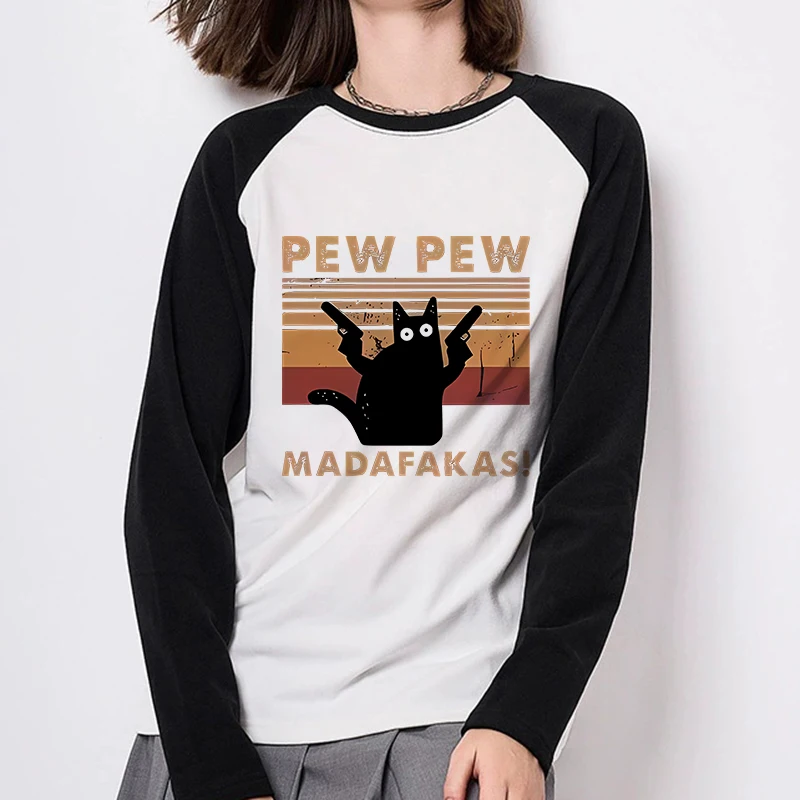 Koreanischen Stil Casual Rundhals Langarm T-Shirt Alle Jahreszeiten T Tops Kleidung frauen Pew Pew Madafakas Lustige Katze drucken T Shirt