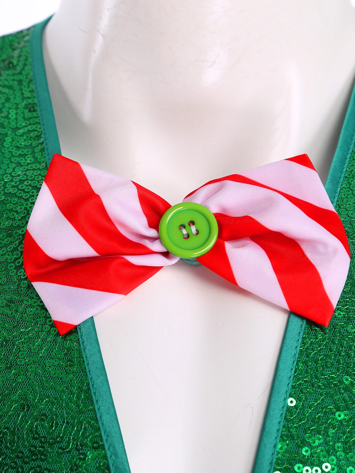 الرجال عيد الميلاد قزم زي تأثيري حفلة عيد الميلاد الترتر سترة بلا أكمام مفتوحة الجبهة غير المتكافئة هيم مخطط صدرية مع ربطة عنق