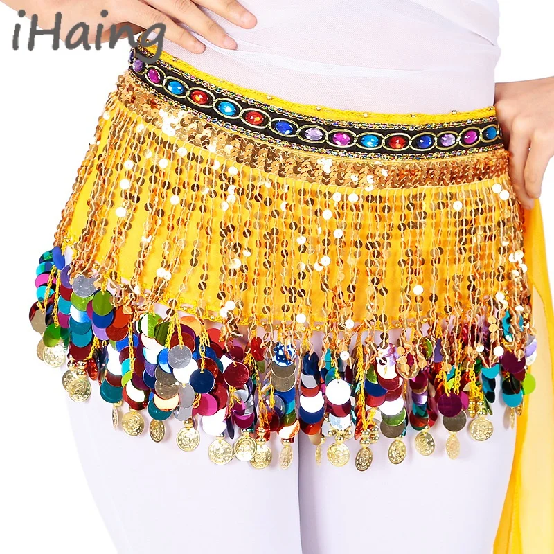 

Women Glitter Sequins Belly Dance Hip Scarf Fringe Coin Tassels Wrap Skirt Dancewear Practice Suit Carnival Rave Outfit Costume