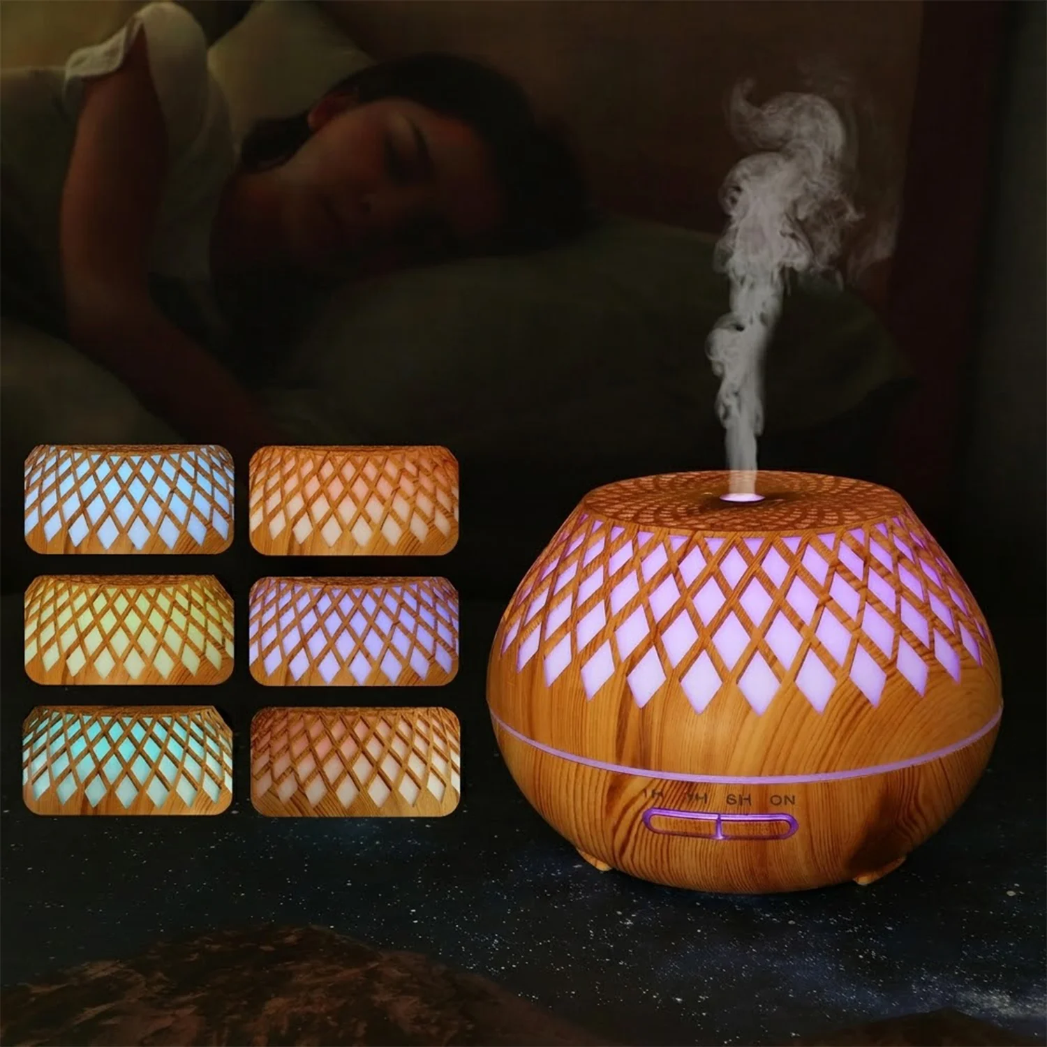 500ml Wood Grain Ultrasonic Humidifier 5V Large Mist Aroma Diffuser 7 Color LED Light Hollow Diamond Essential Oil Diffuser Home