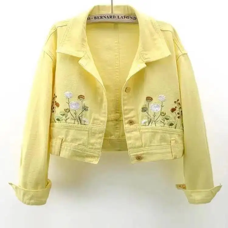 2025 New Embroidery Flower Long Sleeve Spring Autumn Short Tops Jacket Korean Women Loose Printing Denim Coat