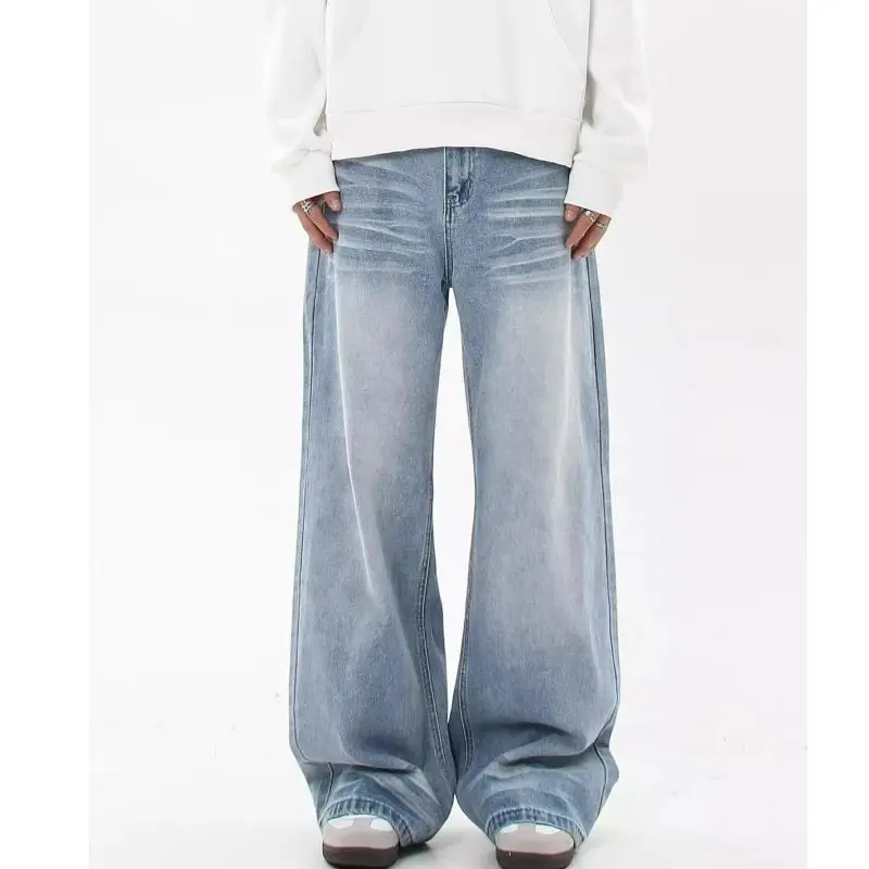 

Retro Light Blue Jeans Men's Loose Straight Leg Jeans High Street Sle Casual Wear Cotton Fabric Youth Faion