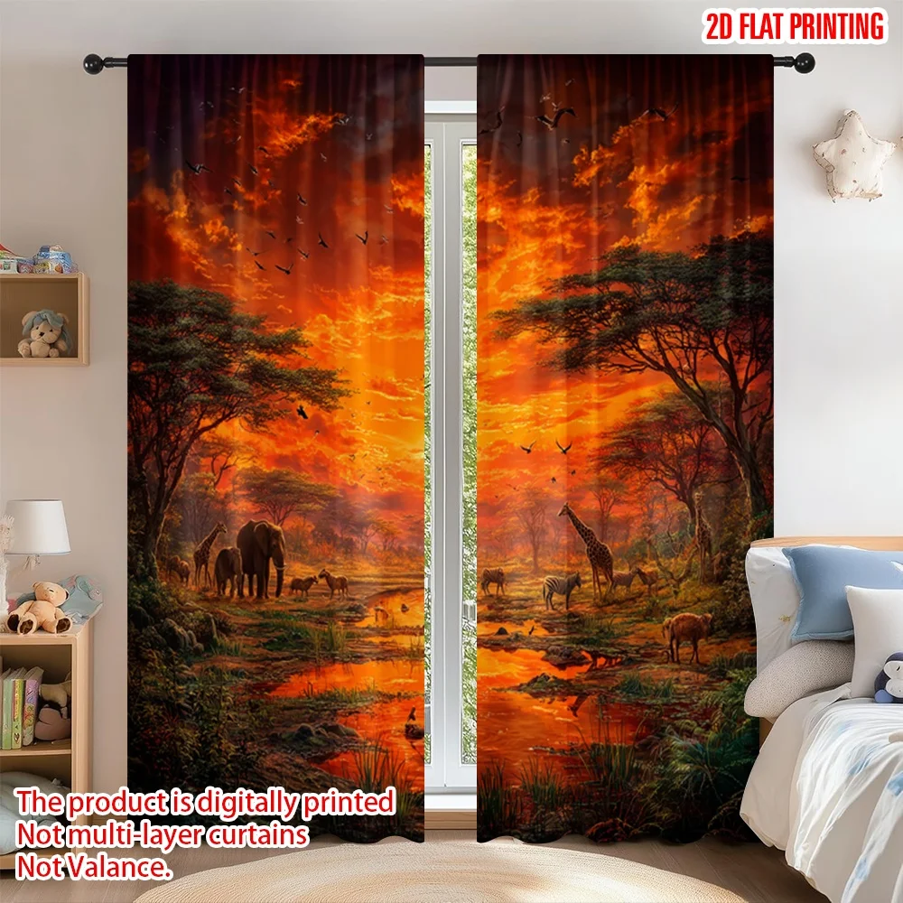 

2D flat printing 2pcs Curtain Party Curtains African Sunset Safari Digital Printed Polyester Drapes Festive Holiday Perfect for