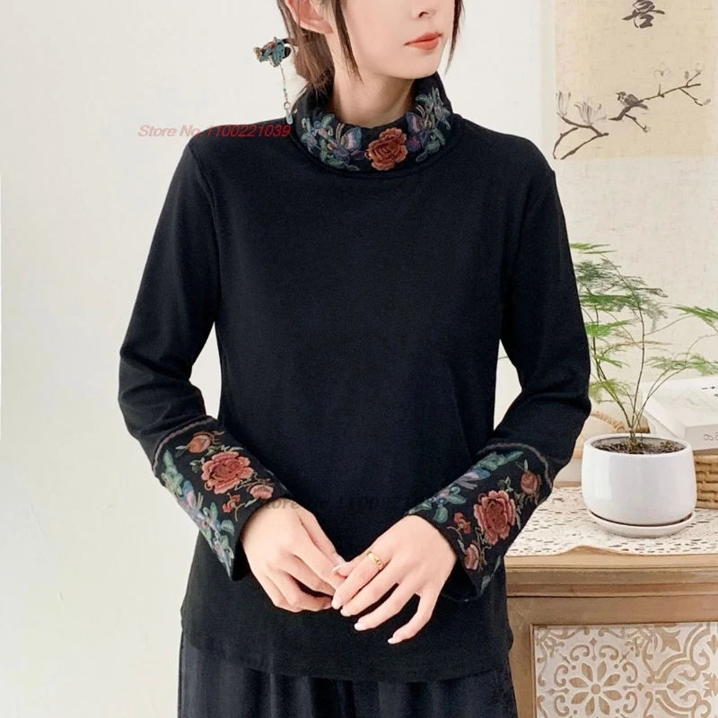 

2025 chinese traditional fleece lined shirt national flower embroidery stand collar ethnic shirt vintage base shirt hanfu tops