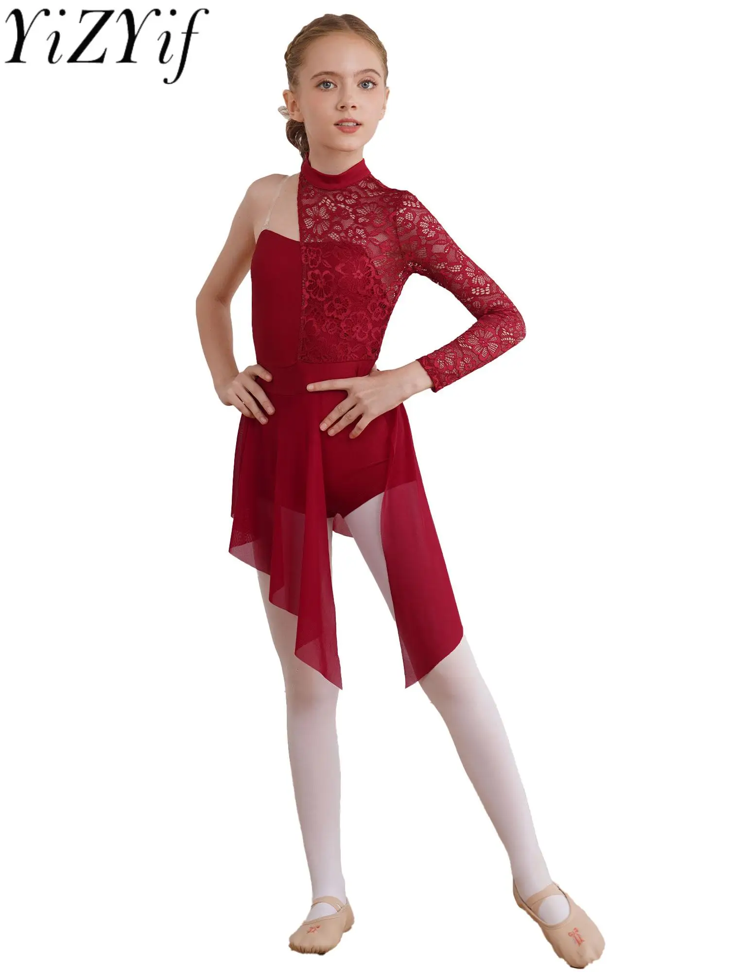 

Kid Girls Lyrical Dance Dress One Shoulder Asymmetrical Floral Lace Ballet Figure Skating Gymnastics Leotard Performance Costume