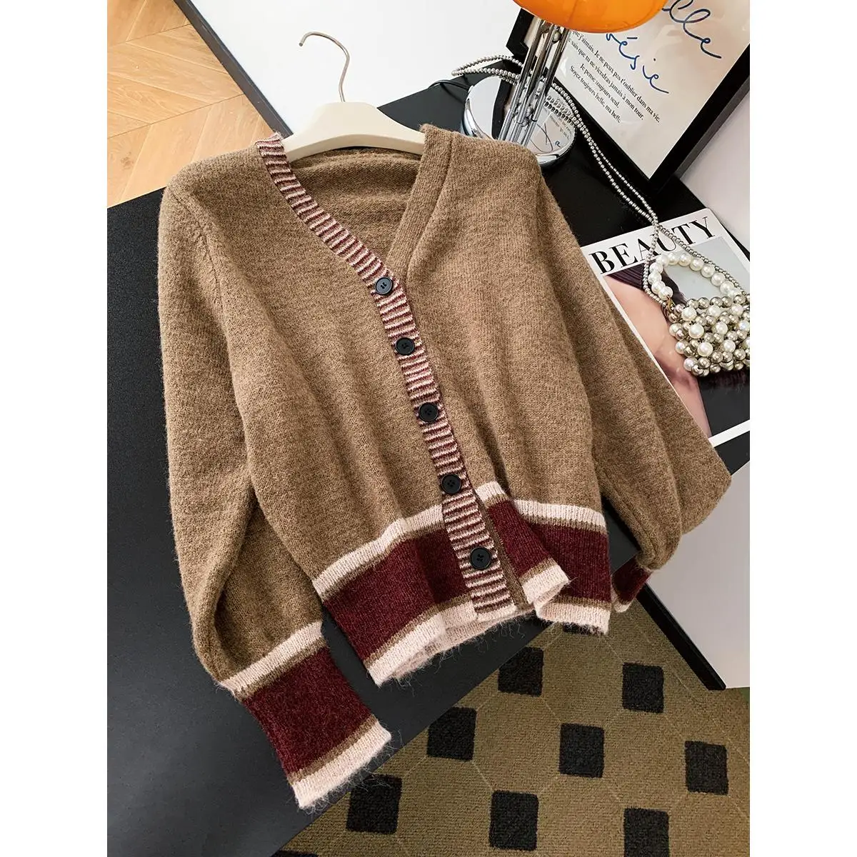 الرجعية الأمريكية الربط اللون بلو مخطط محبوك سترة مفتوحة المرأة سترة 2025 ربيع جديد Sle 00% الصوفية Jaet #2