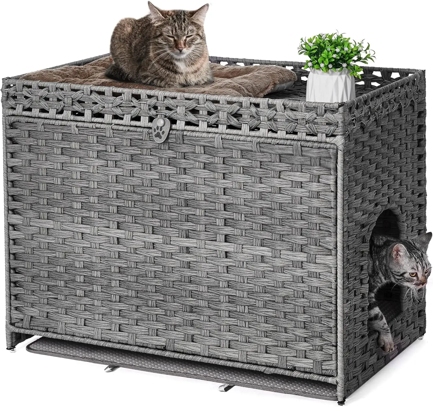 

Cat Litter Box Enclosure with Soft Mat, Hidden Washroom Furniture, Handwoven Rattan Cat House, Large Space Pet Crate for