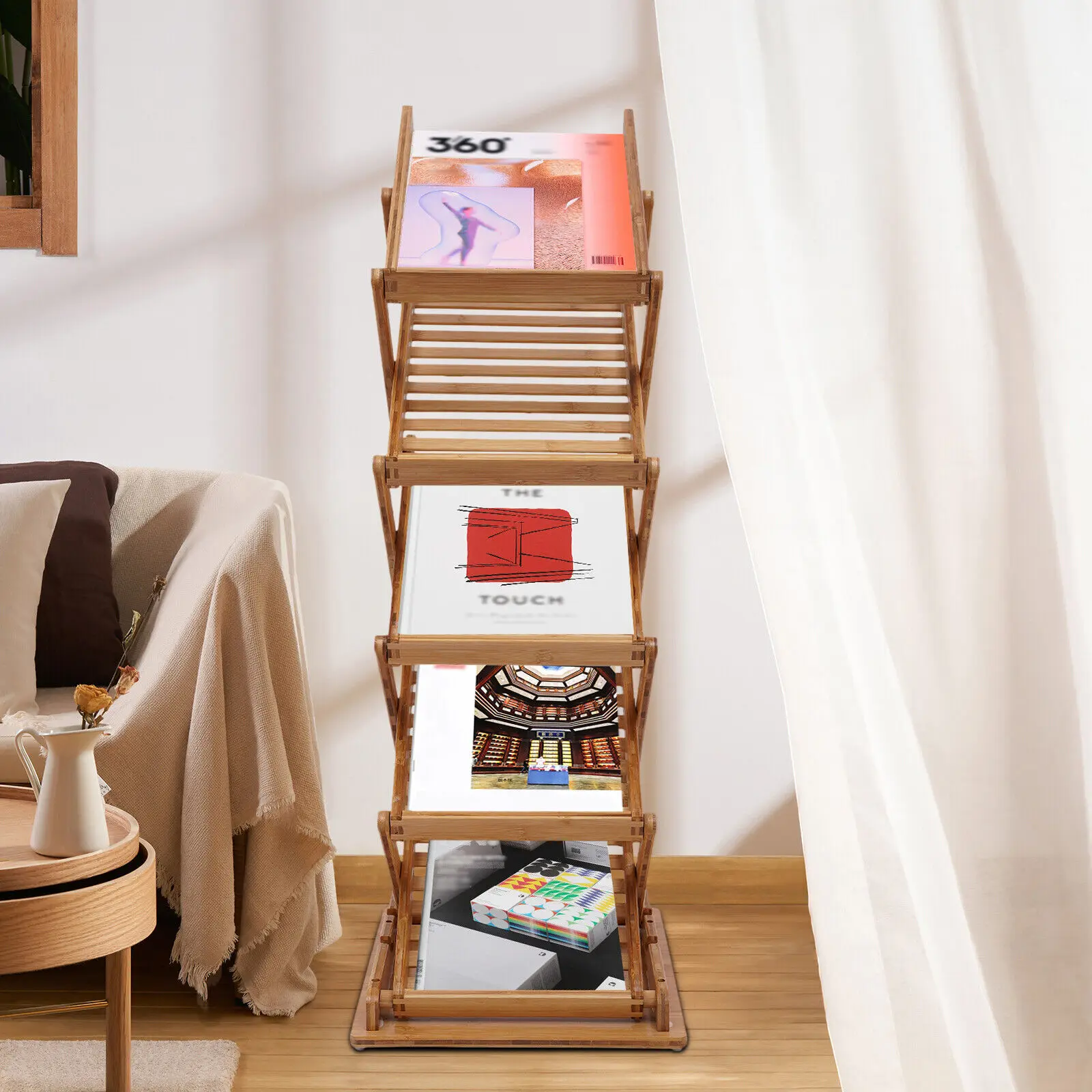 

5 Layers Floor Type Heavy Duty Bamboo Rack Foldable Magazine File Shelf Pop-up Book Stand 9.3*14.2 Inch Reception Area