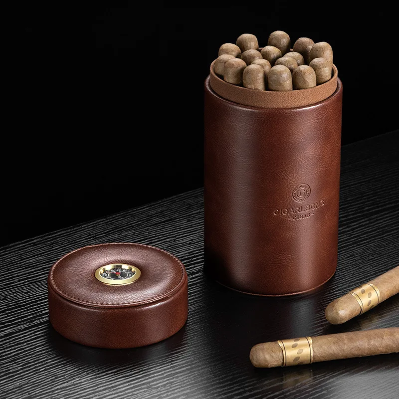 

Leather Cigar Holder Cedar Liner Sealed Lock Moisture Large Capacity Cigar Moisturizer External Hygrometer