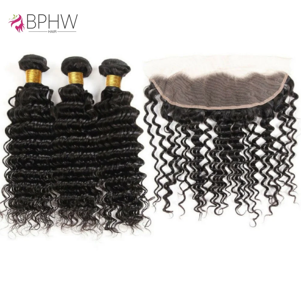 

Deep Wave 3 Bundles With 13x4 Lace Frontal Remy Human Hair Weave Natural Color Hair For Black Women 3 Bundles With 4x4 Closure