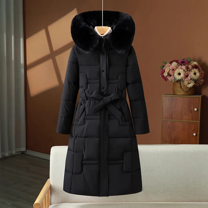 

2025 Winter Women's Thiened Cotton Jaet Knee-Length Coat Warm Waist-Cinching Large Fur Collar Downproof Long Sve Zipper