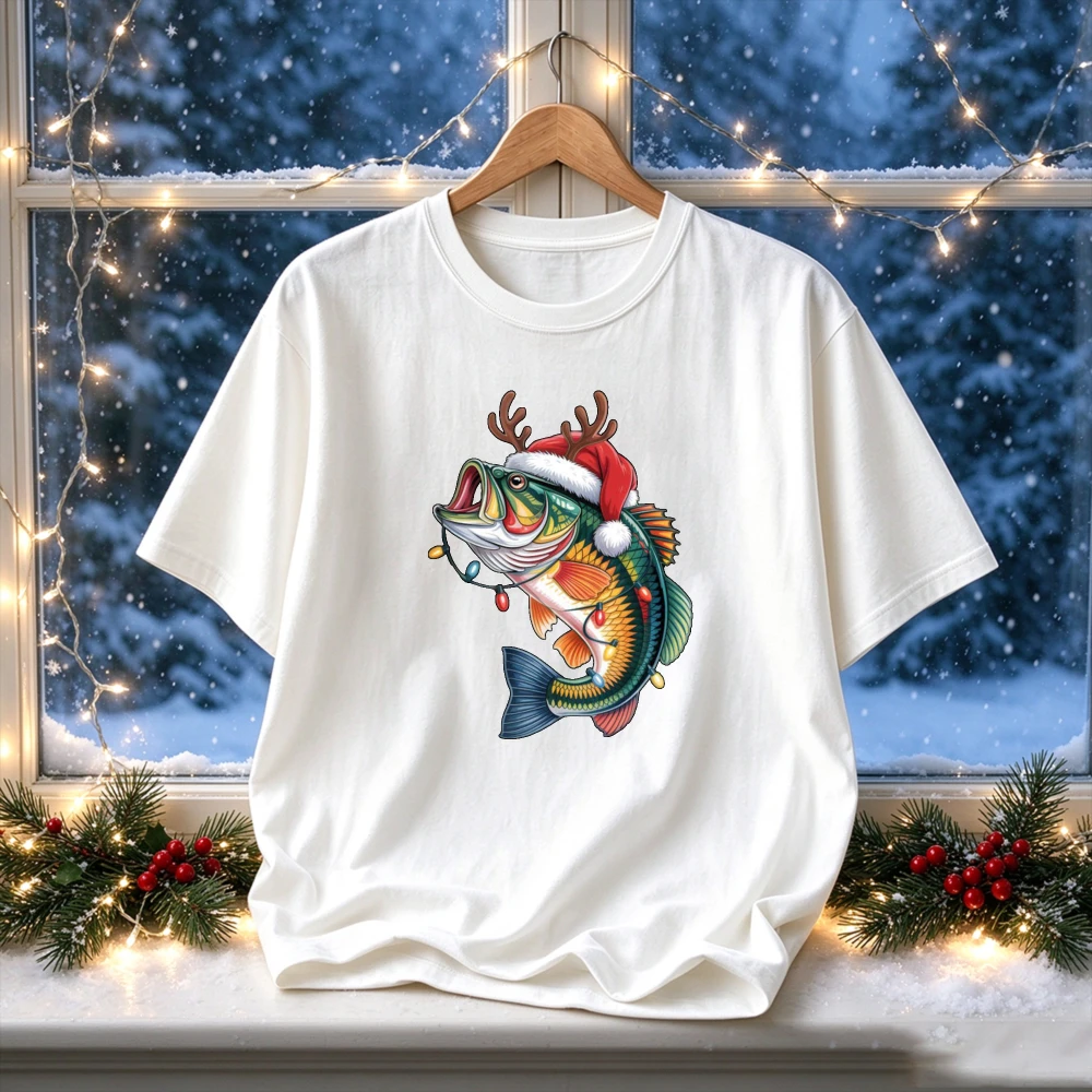 Funny Xmas Fishing T-Shirt Men Bass Fish Santa Hat Reindeer Antlers Lights Graphic Tee Green Cotton Short Sleeve Holiday Top Tee