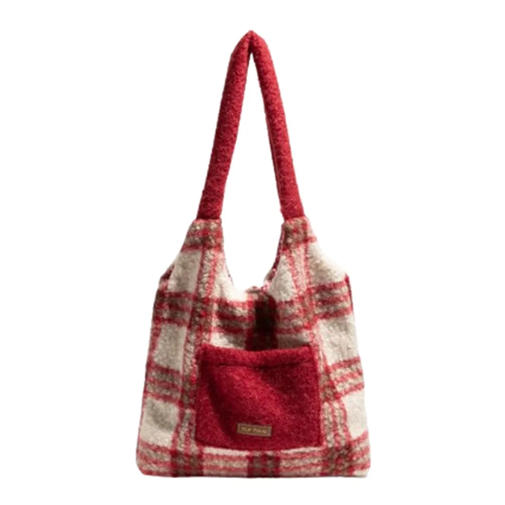 

Stylish Creative Plush Shoulder Bag Plaid Printed Soft Plush Patchwork Bag Single Shoulder Fashionable Plaid Hand Bag Girls
