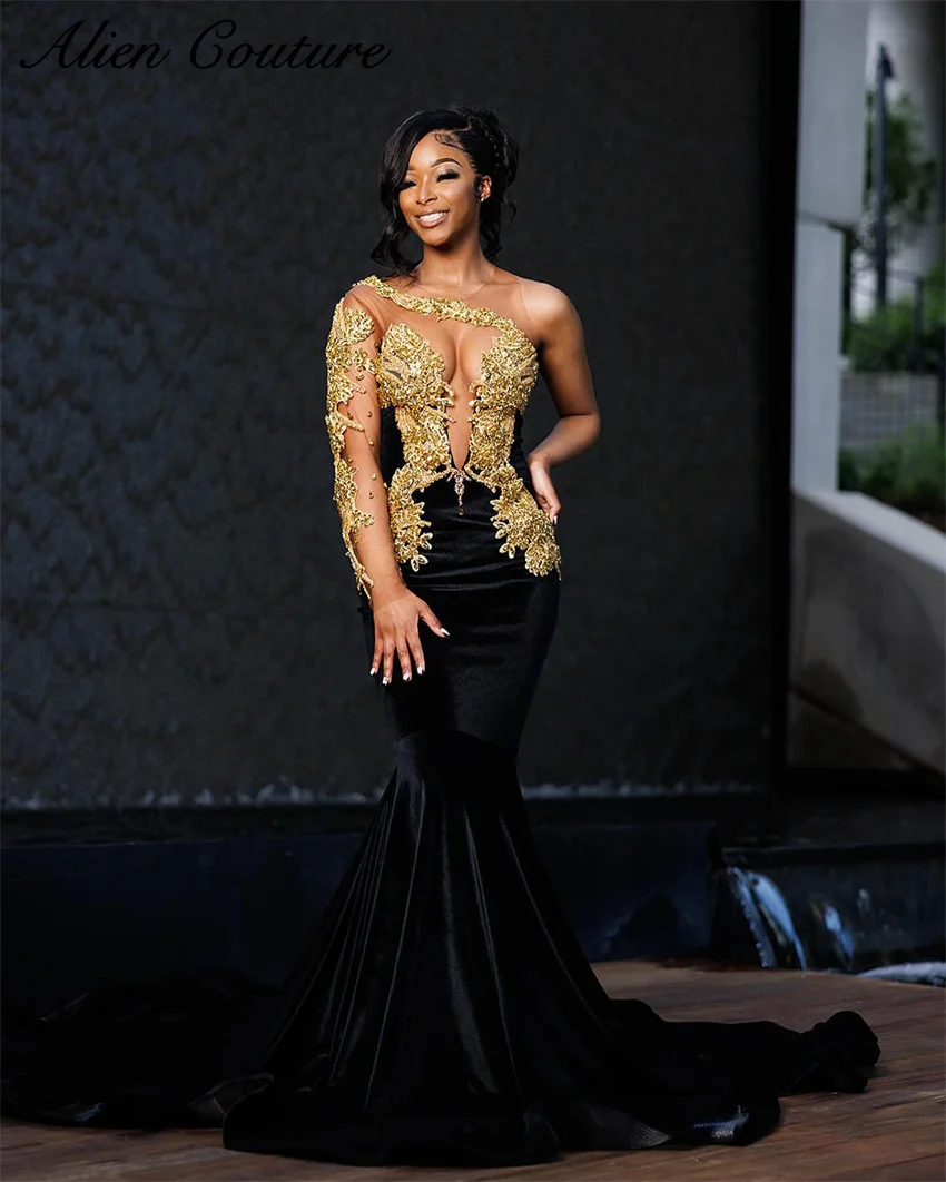 Luxury Black Velour Mermaid Prom Dress One Shoulder Beading Gold Crystal Rhinestone Birthday Dress Women Evening Gown Customized