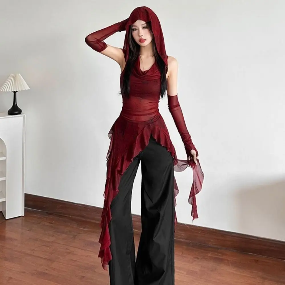 

Y2K Tees Ruffle Long Sleeve Shirt Mesh Hooded T-shirt Vintage Gothic Hooded with Sleeves Streetwear Long Sleeve Tops Girls Gift