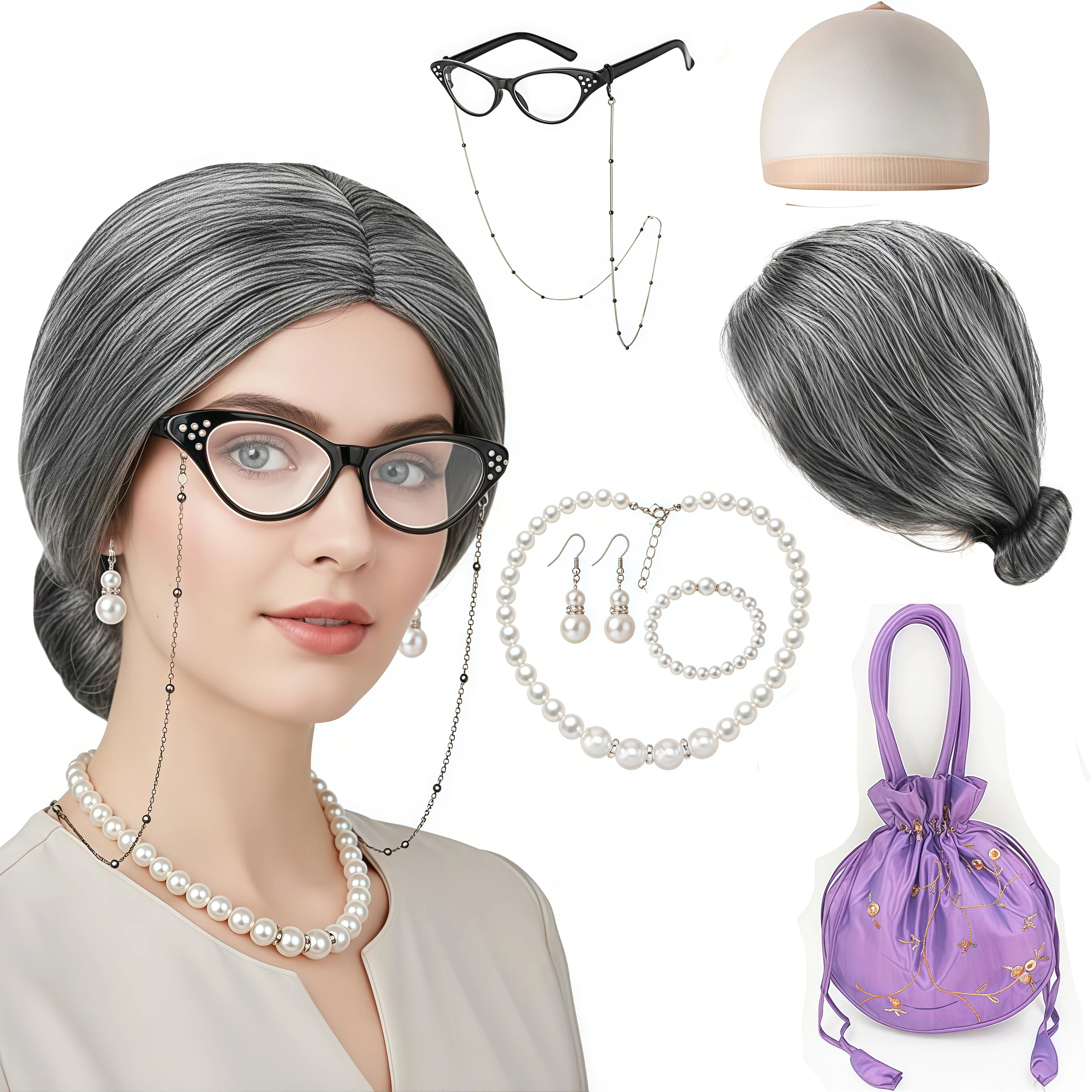 زي السيدة العجوز للأطفال 100 يوم من المدرسة الجدة فستان ملحق للفتيات يوم المدرسة 100th الجدة هالوين كرنفال الدعامة