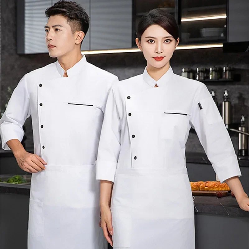 Commercio all'ingrosso Unisex cucina Chef ristorante uniforme servizio camicia panetteria traspirante petto Chef Set Chef giacca grembiule