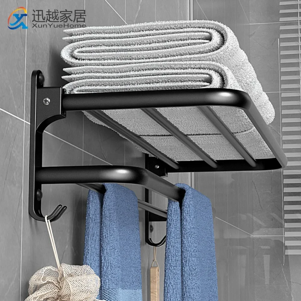 Black Space Aluminum Bathroom Towel Rack Holder Folding Double Bars Hooks Bath Shower Shelf Storage Hardware Accessories