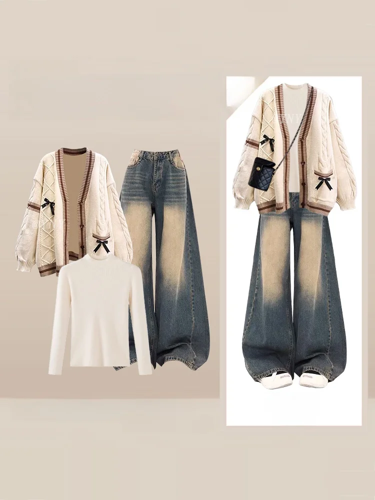 

Осень-зима женский вязаный кардиган с узлом приталенная футболка джинсовая футболка комплект повседневный свободный крой Faion