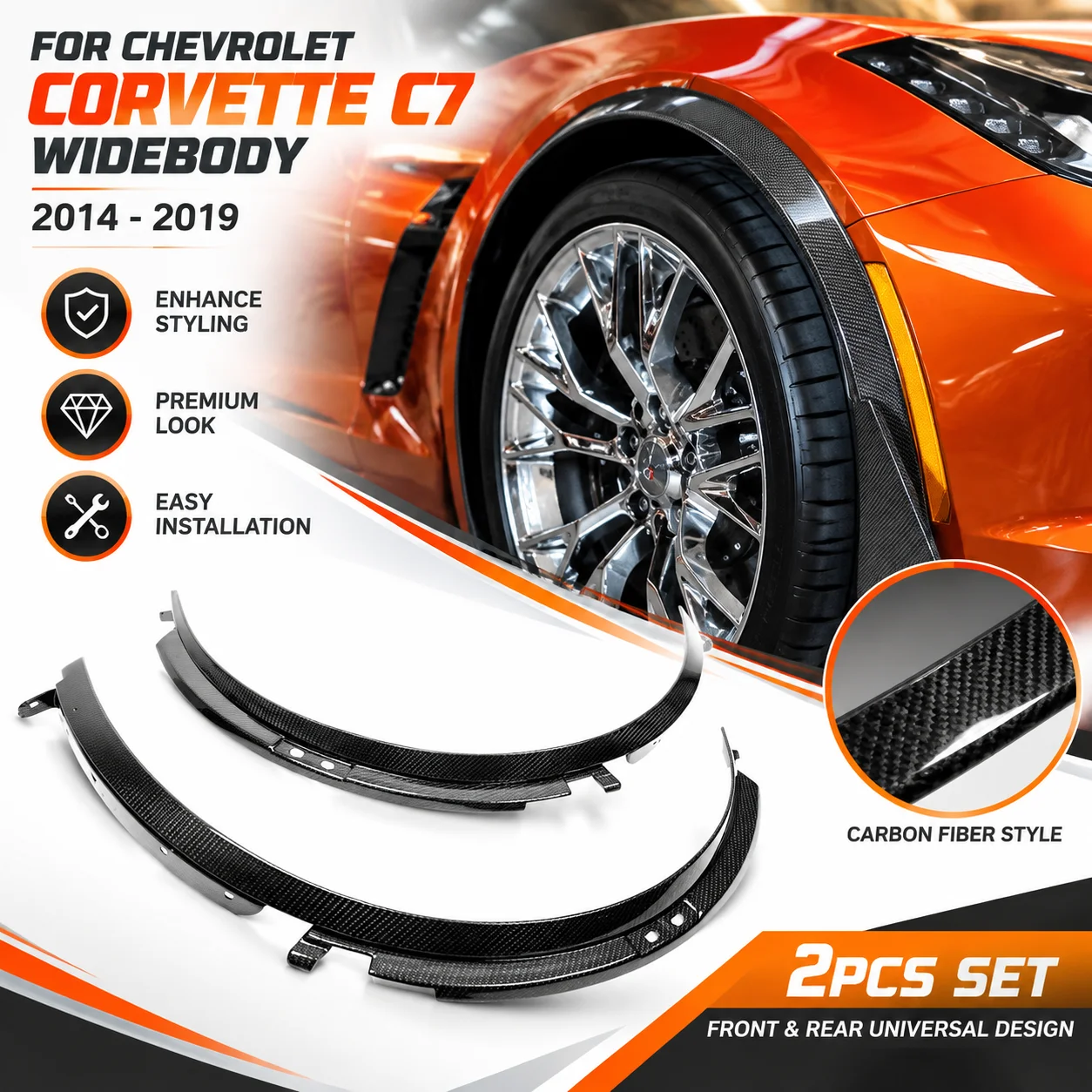 For Corvette C7 2014-2019 Fender Flares Wide Body Wheel Arch Trim Front Rear 2Pcs ABS Carbon Fiber Gloss Black Widebody Kit Mudguard Extensions Set