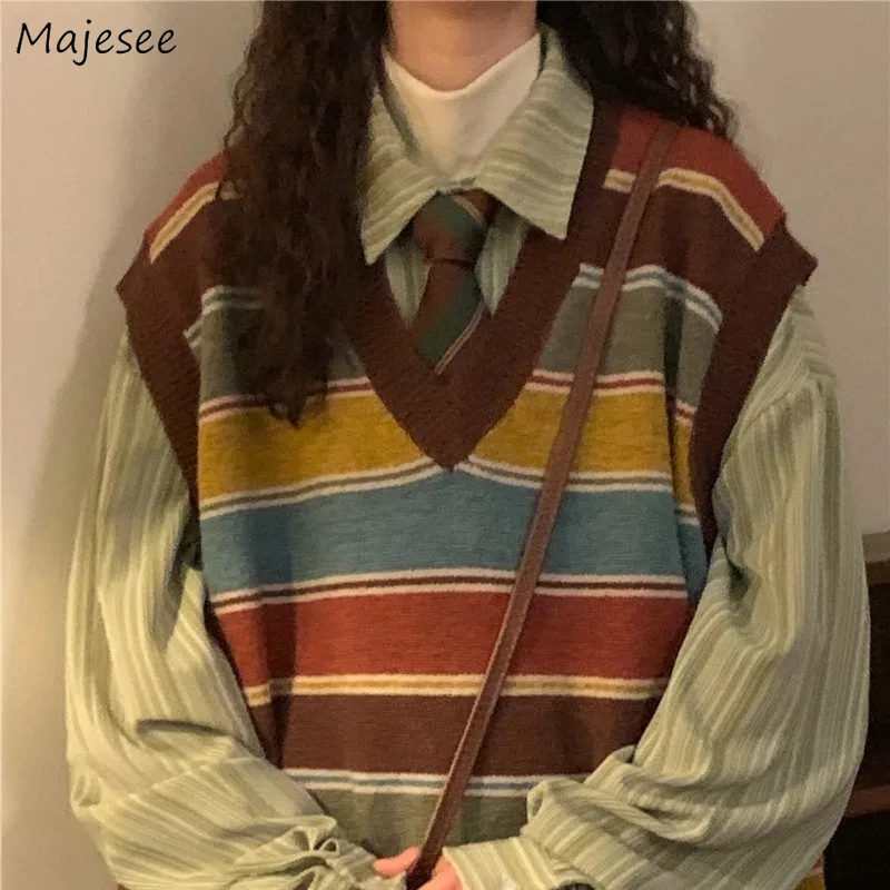 

Осенний вязаный свитер в полоску для женщин с v-образным вырезом ярких цветов, шикарный топ, винтажные весенние свободные майки для отдыха, мягкие студенческие майки