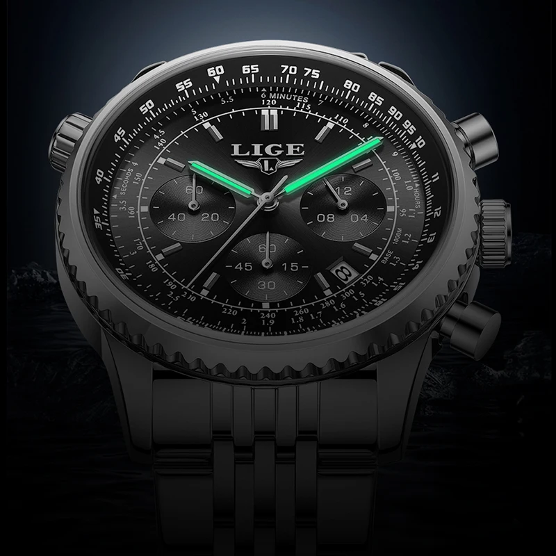 LIGE ساعة مضيئة للرجال موضة رجال الأعمال ساعة رياضية مقاوم للماء كرونوغراف رجالية كوارتز ساعات المعصم Relogio Masculino