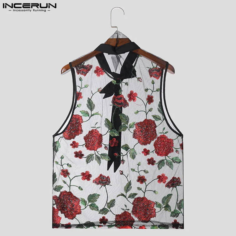 Sexy Fashion Style Tops INCERUN 2024 Men\'s Ribbon Design Vests Casual Clubwear Thin Embroidered Rose Sleeveless Tank Tops S-5XL