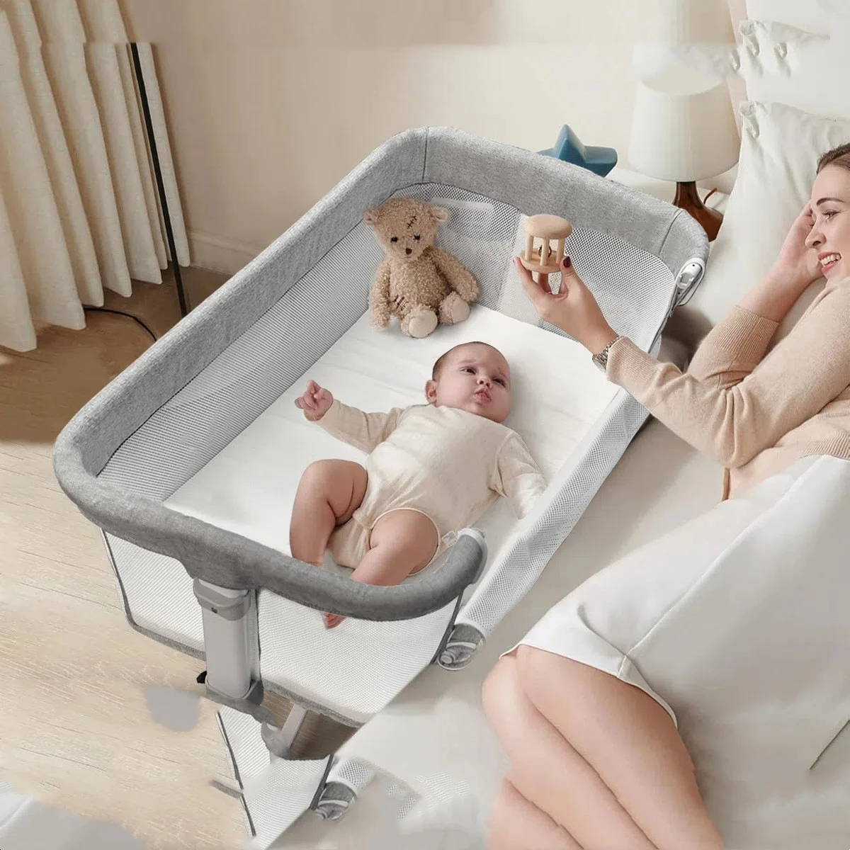 

Детская кроватка-трансформер 6-в-1 — кроватка-комбинезон с регулируемой высотой и режимом качания, портативная складная люлька