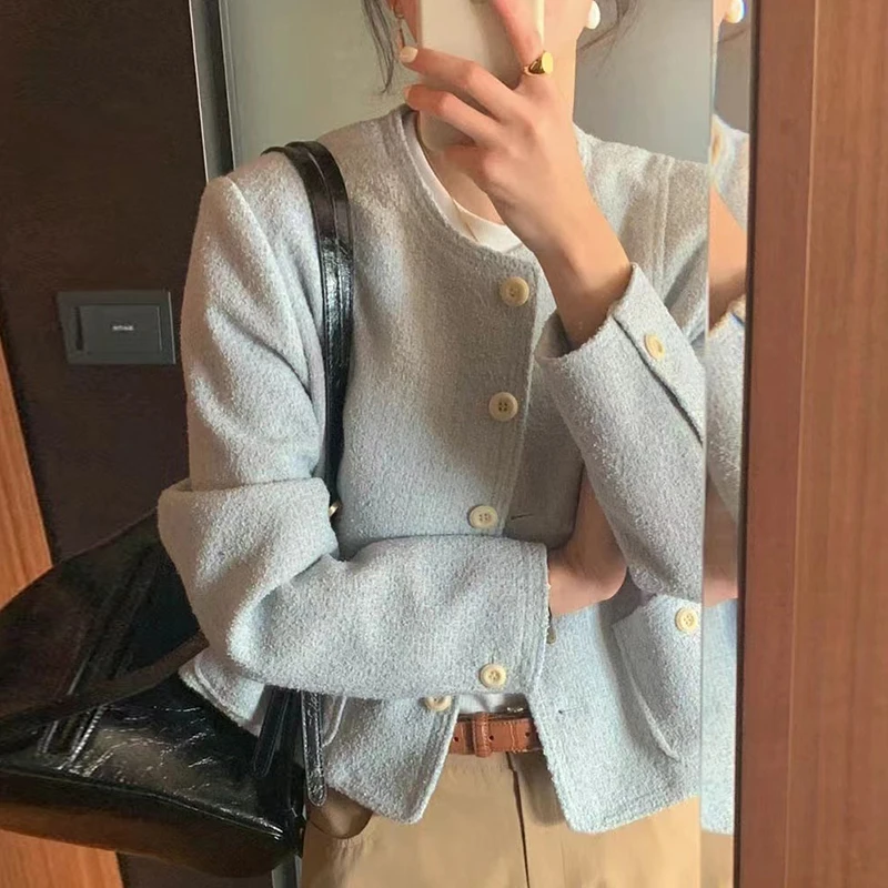 

Chic Autumnal Sweet Small Fraance Sle round Ne Single Button Loose Casual Versatile Long Sve Tweed Jaet for Women