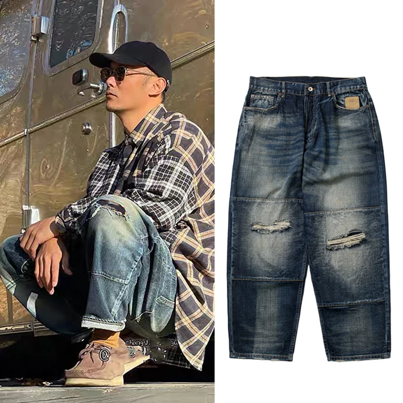 

MADN Waed Men's Railway Denim Long Pants Japanese Daily Knife Cut Casual Vintage Sle Cotton Straight Leg Trousers