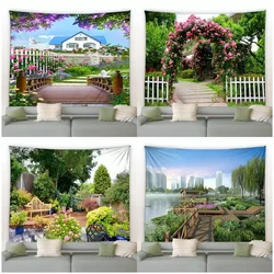 Spring Garden Landscape Big Tapestry Fence Natural Flower Plant Scenery Wall Hanging Home Living Room Courtyard Decor Picnic Mat