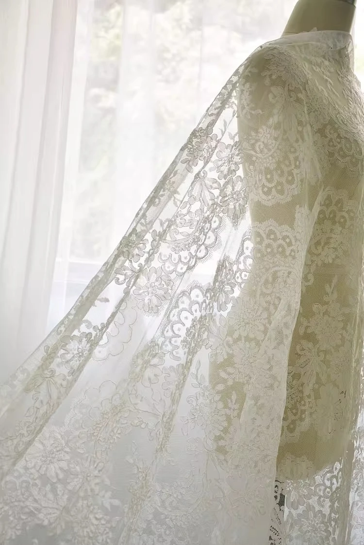 High Quality Embroidered Dress Fabric Made of Ivory White Mesh and French Lace, Car Bone Lace, DIY Weeding Dress Accessories