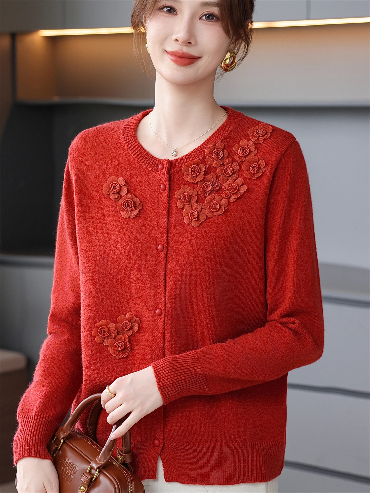 

Faionable Knitted Open Cardigan round Ne Embroidered Pure Color 2025 Autumn Wear for Middle-Aged And ly Women