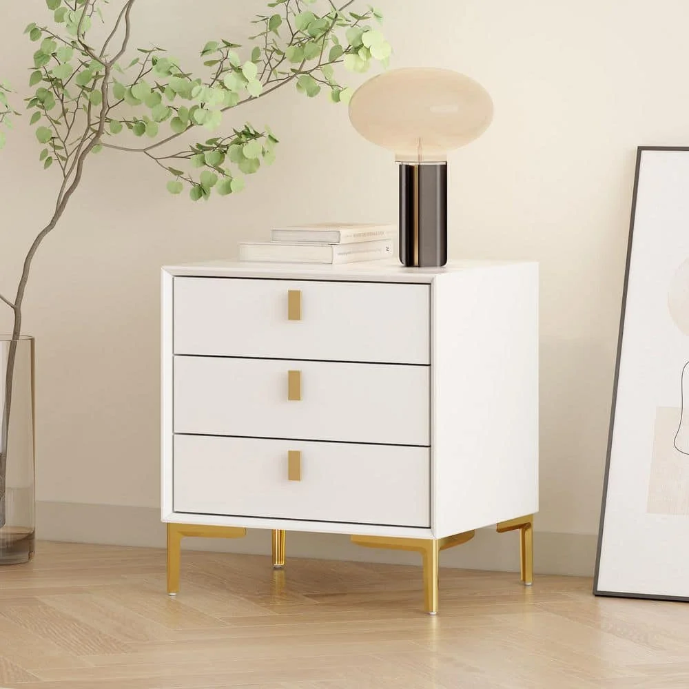 3-Drawer White Wooden Nightstand, Endtable, Dresser, 19.6 in. W x 15.9 in. D x 21.3 in. H