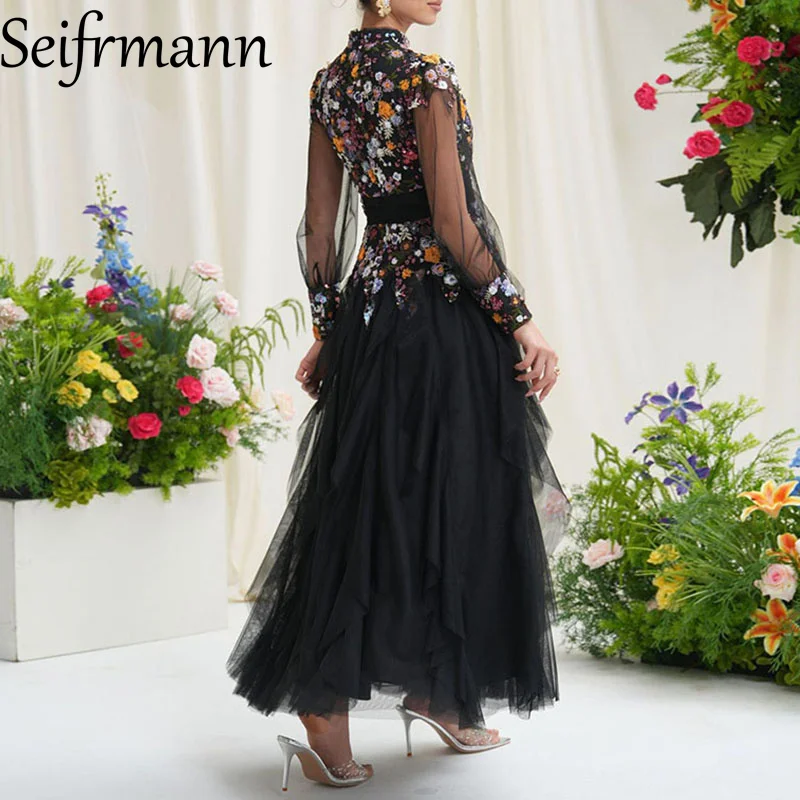 Seifrmann Mode Damen Kleid Stehkragen Mesh Langarm Vintage Stickerei Volants Rand Spleißen Hohe Taille Kleider