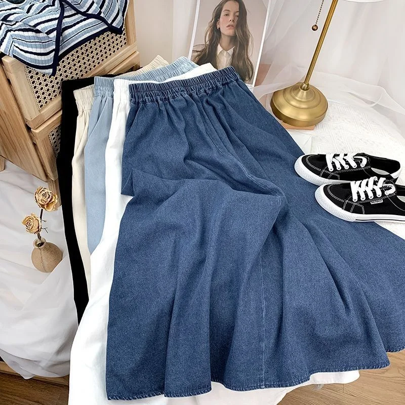 

High Waist A-Line Midi Skirt for plus Size Women Denim f-length Cover Hip Korean Sle Commute Pure Color Summer 2023