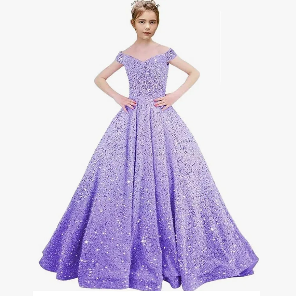 

Glitter Off Shoulder Sequin Flower Girl Dresses for Weddings Long Child Party Birthday Pageant Dress Formal Princess Ball Gown
