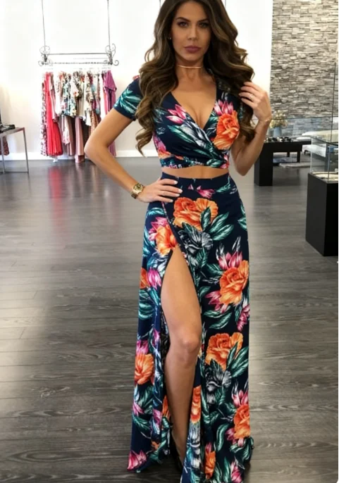 Damskie seksowne komplety 2-częściowe na lato, plażowe, w stylu boho, z kwiatowym wzorem, sukienka z dekoltem w serek, krótkie topy i spódnice maxi z wysokim rozcięciem.