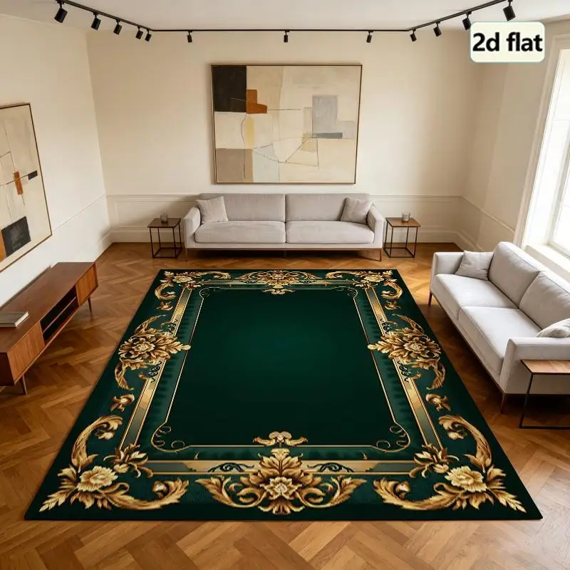 1 Piece Luxury Ornate Baroque Style Dark Green And Golden Carpet, Soft Comfortable, All Seasons, Lightweight Easy To Care, Home Decor, Room Decor, Winter, Autumn, Ideal For Living Room, Dining Room, Master Bedroom