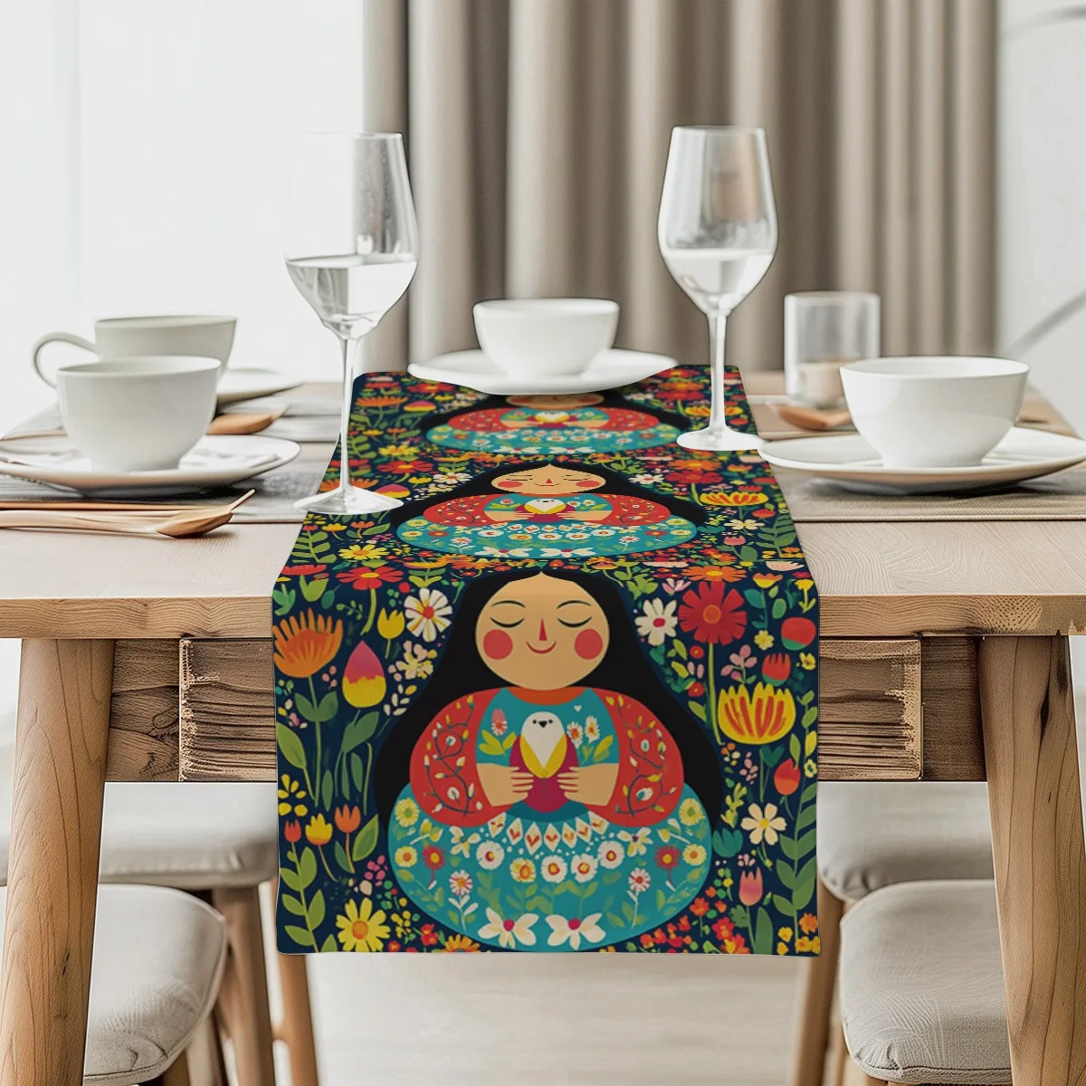 

decor table runner Floral Folk Art Style Spring Flowers Tablecloth for family dinner wedding parties,dresser scarf table decorat