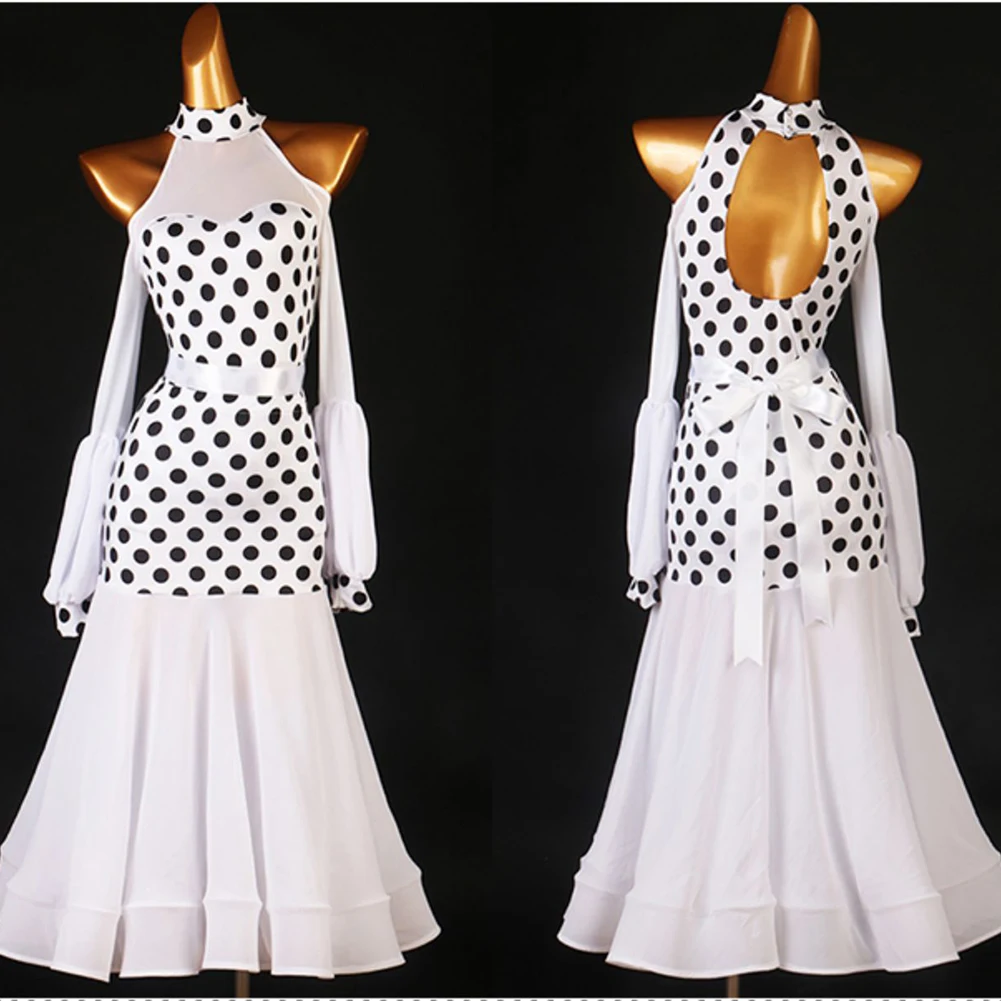Red Waltz Dress Modern Dance White Dress Performance Ballroom Dress Ladies Standard High Collar Polenta Lantern Sleeve Dress