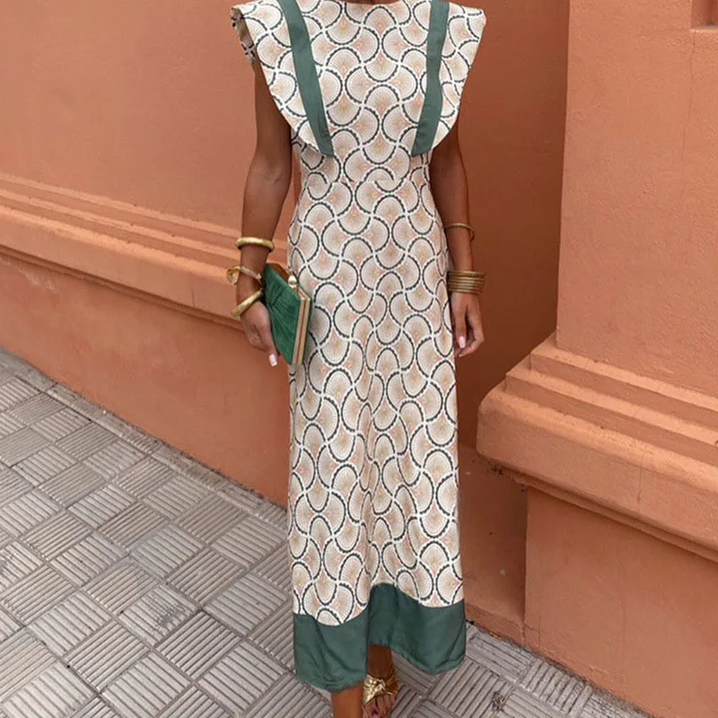

Chic Lady Flying Sleeve Stitching Dresses 2024 Fashion Pattern Printed Banquet Long Dress Women Elegant O Neck Formal Long Dress