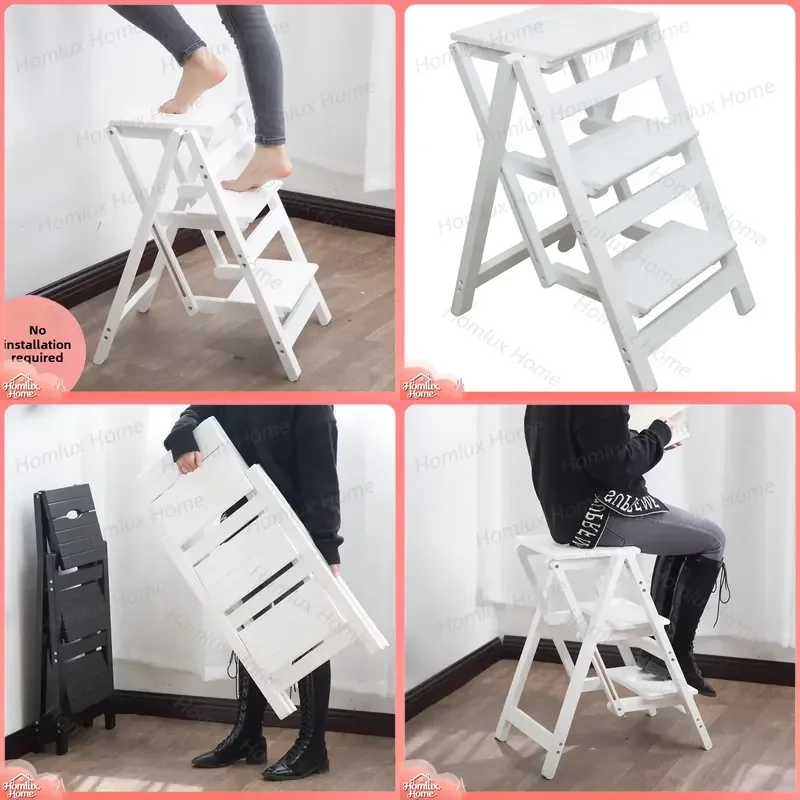 Folding Ladder Stool for Home Use Herringbone Design Solid Wood 4 Step Indoor Step Ladder Small Climbing Ladder Space Saving
