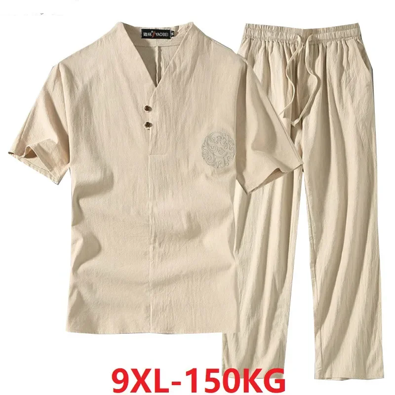 Men's Clothing Large Size Tracksuit Husband 2024 Summer Suit Linen T-shirt Fashion Male Set Chinese Style 8XL 9XL Plus Two Piece