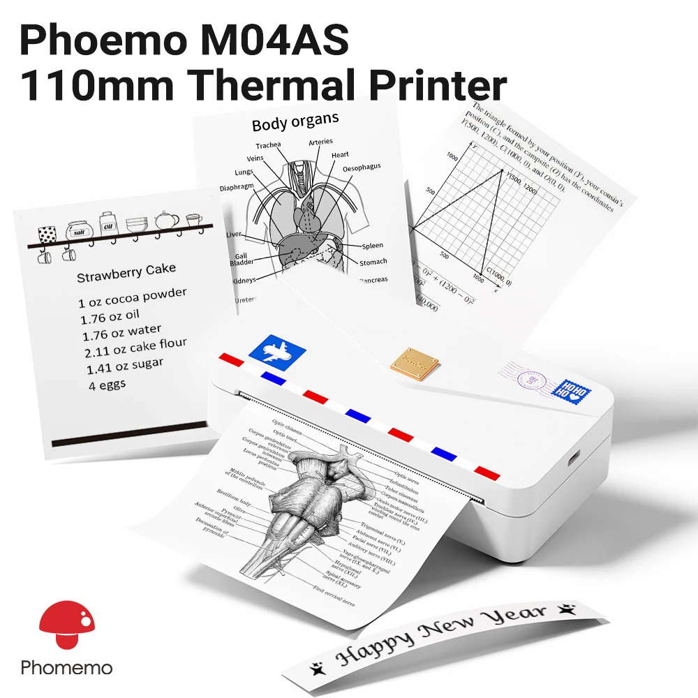 Phomemo M04AS Mini Portable Printer 304dpi Thermal Labeler Wireless Photo Printer Inkless Printer 15/53/80/110mm Printing Width